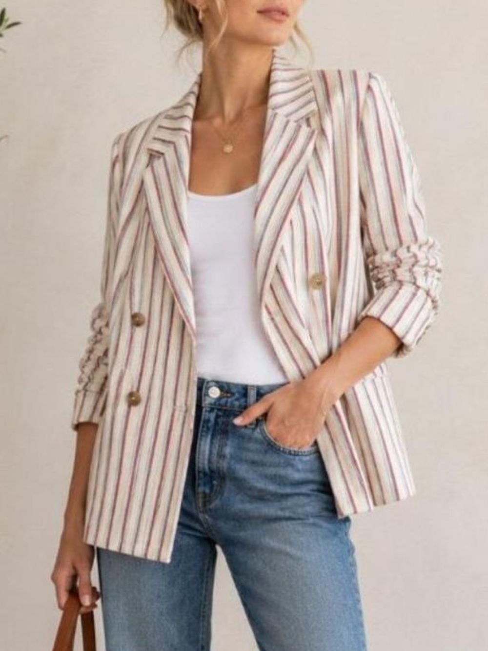 Dolan Anthro Striped Double-Breasted Blazer - Cream with Multicolor Stripes